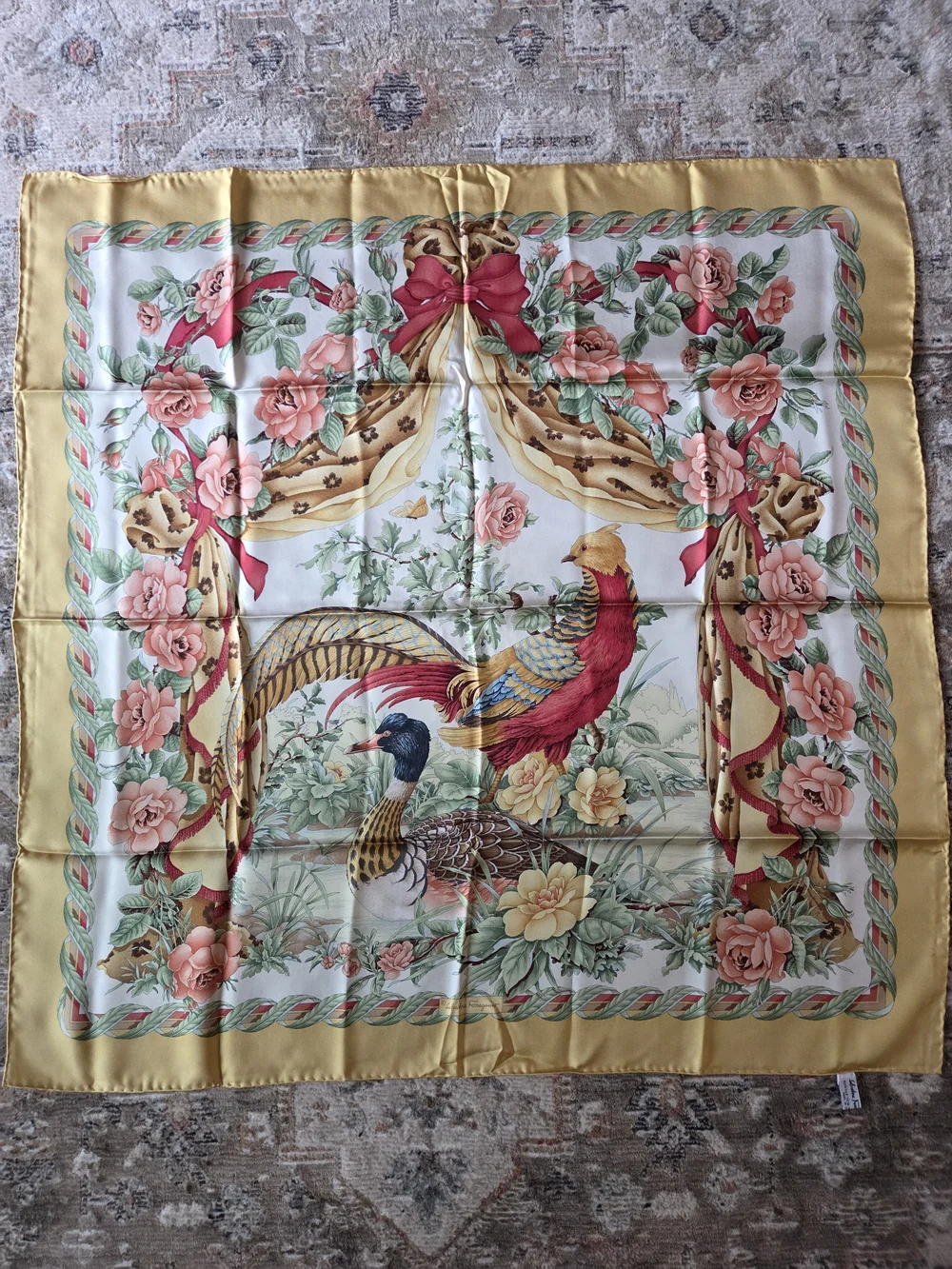 Salvatore Ferragamo Yellow, Red, Pink, Green Silk Scarf with Pheasant Motif
